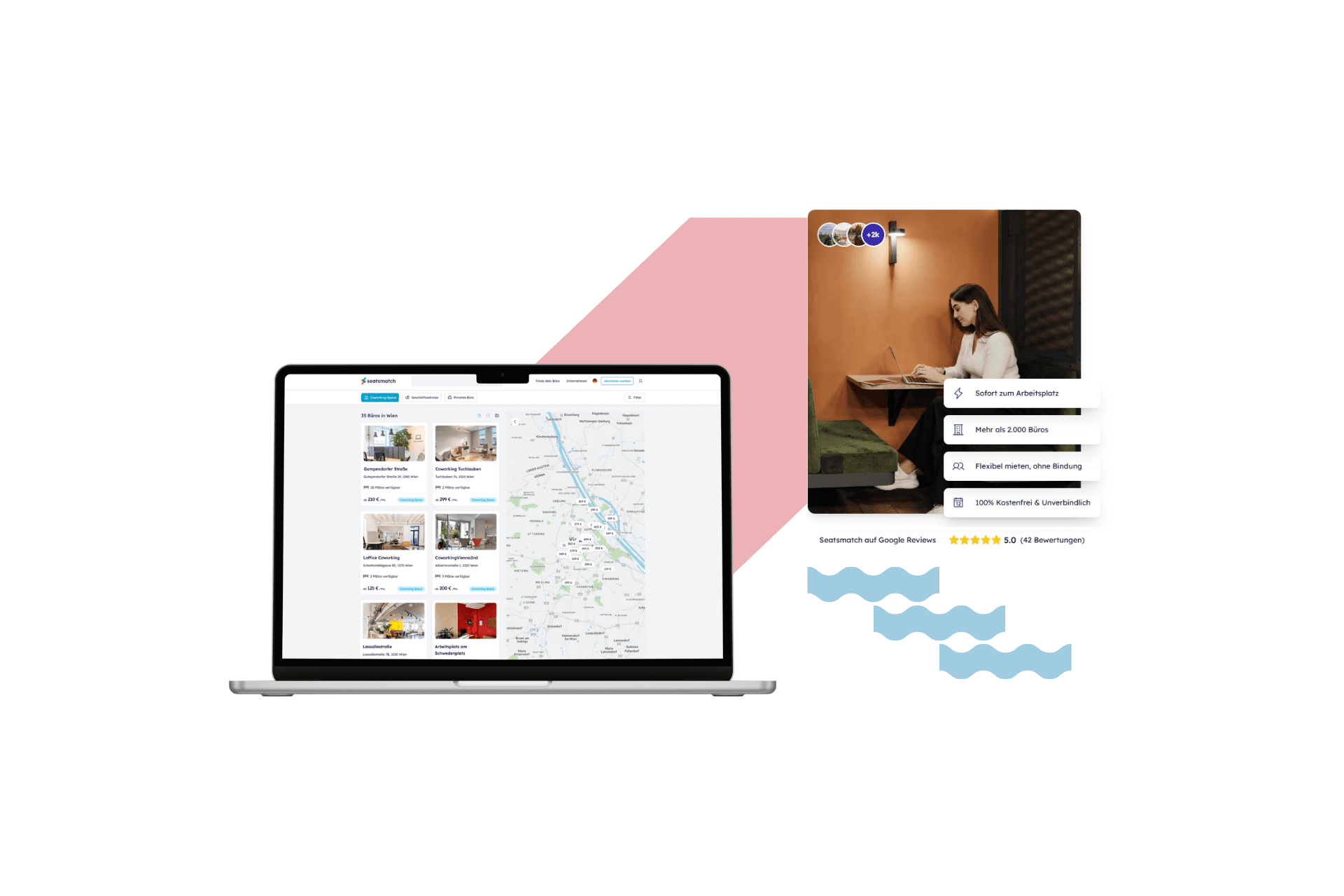 Seatsmatch-Suche auf dem Laptop mit Kartenansicht und Arbeitsplatz-Angeboten