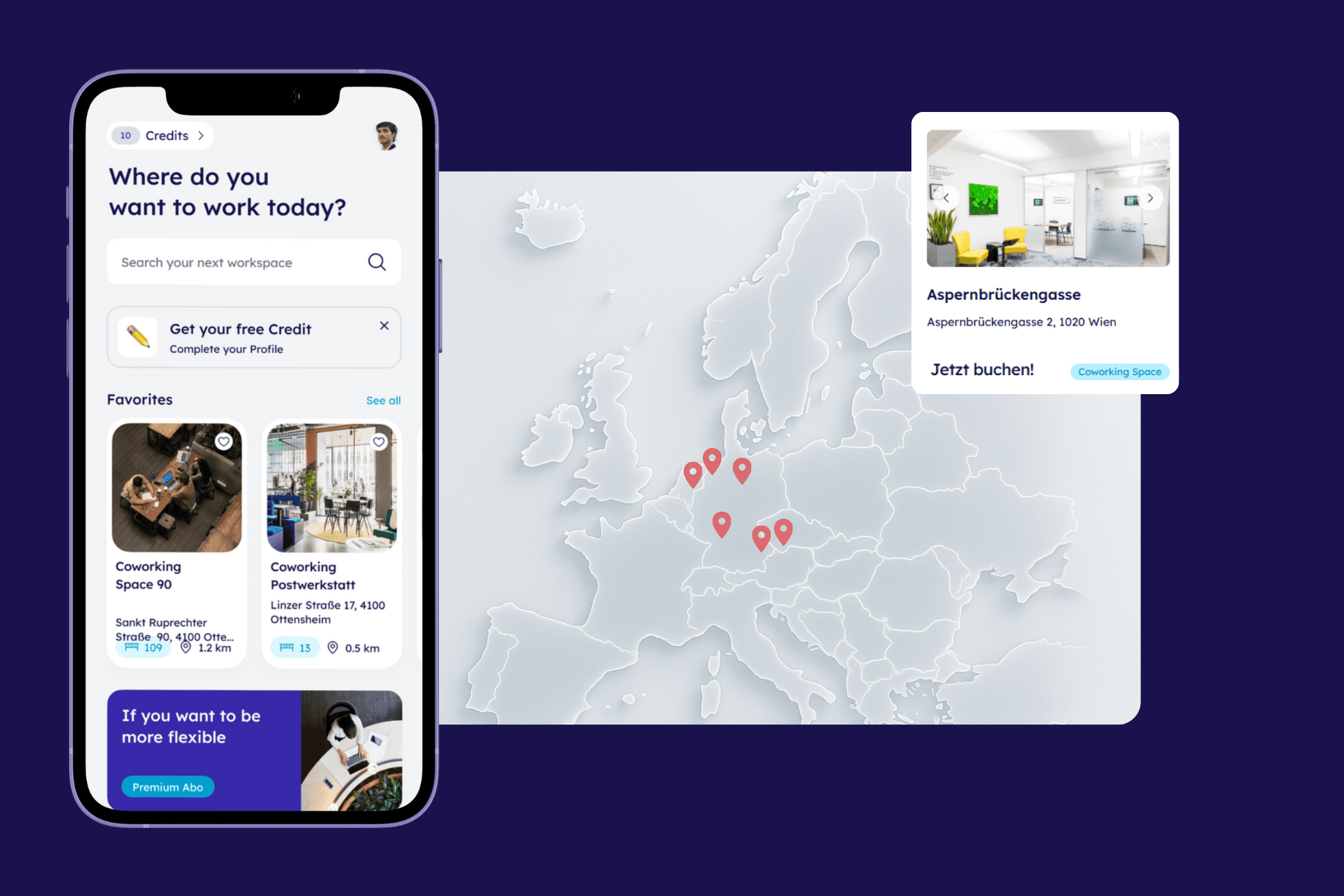 Seatsmatch-App auf dem Smartphone mit Arbeitsplatzsuche und Europakarte mit Standort-Markierungen